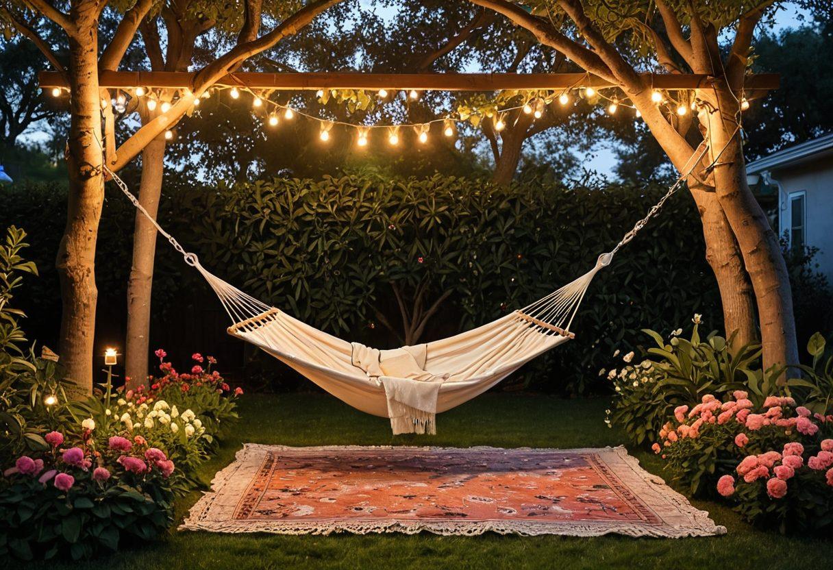 A cozy backyard oasis at sunset, featuring a softly lit hammock draped between two trees, surrounded by lush greenery and colorful flowers. A small table with a bottle of wine and two glasses sits nearby, with fairy lights twinkling above. The scene exudes a romantic atmosphere, inviting relaxation and tranquility. soft illustration. warm colors. dreamy ambiance.