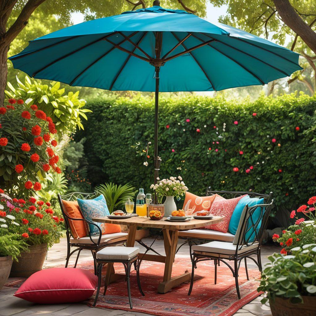 A vibrant and inviting outdoor living space, featuring a cozy seating area adorned with colorful cushions and a large umbrella for shade. Surround the area with lush greenery, blooming flowers, and decorative fairy lights strung overhead. Include a charming dining setup with a picnic table and refreshing summer drinks on display. Capture the essence of summer bliss with a bright blue sky and warm sunlight filtering through the leaves. super-realistic. vibrant colors. 3D.